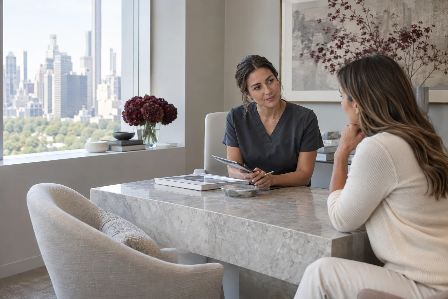 Elegant injector consultation in a private aesthetic studio
